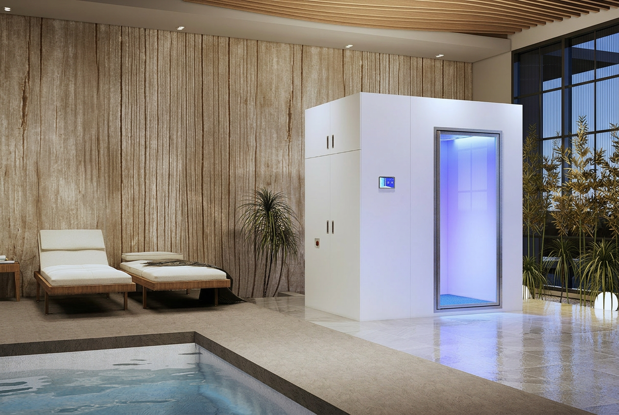 Luxury spa suite with a freestanding cryotherapy chamber glowing electric blue